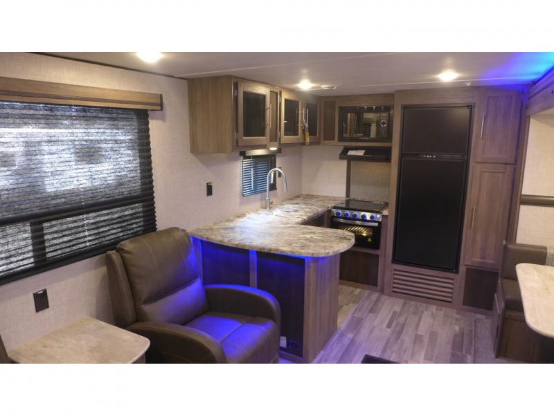 Kitchen in the CrossRoads Zinger travel trailer. 