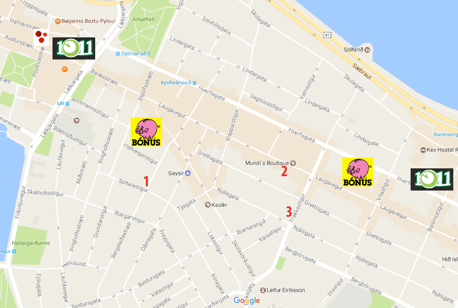 A map of the supermarkets in central Reykjavik. 