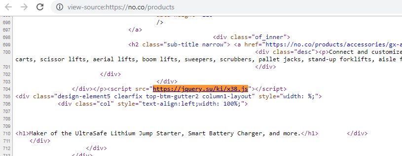 Screenshot of malicious JavaScript code on Noco's website.