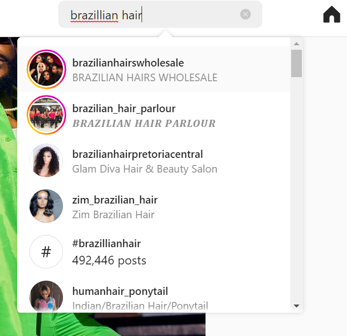 Instagram Brazillian hair search screenshot