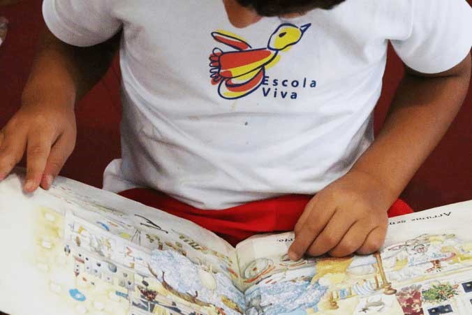 A imagem mostra uma criança folheando um livro.