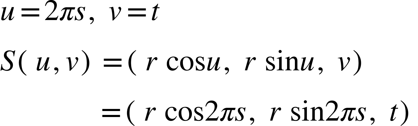 <math xmlns="http://www.w3.org/1998/Math/MathML"><mi>u</mi><mo>=</mo><mn>2</mn><mi>&#x3C0;</mi><mi>s</mi><mo>,</mo><mo>&#xA0;</mo><mi>v</mi><mo>=</mo><mi>t</mi><mspace linebreak="newline"/><mi>S</mi><mfenced><mrow><mi>u</mi><mo>,</mo><mi>v</mi></mrow></mfenced><mo>=</mo><mfenced><mrow><mi>r</mi><mo>&#xA0;</mo><mi>cos</mi><mi>u</mi><mo>,</mo><mo>&#xA0;</mo><mi>r</mi><mo>&#xA0;</mo><mi>sin</mi><mi>u</mi><mo>,</mo><mo>&#xA0;</mo><mi>v</mi></mrow></mfenced><mspace linebreak="newline"/><mo>&#xA0;</mo><mo>&#xA0;</mo><mo>&#xA0;</mo><mo>&#xA0;</mo><mo>&#xA0;</mo><mo>&#xA0;</mo><mo>&#xA0;</mo><mo>&#xA0;</mo><mo>&#xA0;</mo><mo>&#xA0;</mo><mo>&#xA0;</mo><mo>&#xA0;</mo><mo>&#xA0;</mo><mo>=</mo><mfenced><mrow><mi>r</mi><mo>&#xA0;</mo><mi>cos</mi><mn>2</mn><mi>&#x3C0;</mi><mi>s</mi><mo>,</mo><mo>&#xA0;</mo><mi>r</mi><mo>&#xA0;</mo><mi>sin</mi><mn>2</mn><mi>&#x3C0;</mi><mi>s</mi><mo>,</mo><mo>&#xA0;</mo><mi>t</mi></mrow></mfenced></math>