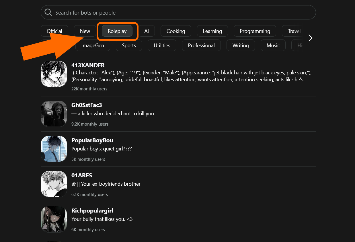Examples of roleplay bots available on Poe AI