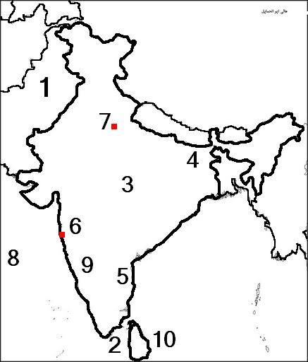 امامك خريطة صماء لدولة الهند وضح مدلول الكلمات على الخريطة