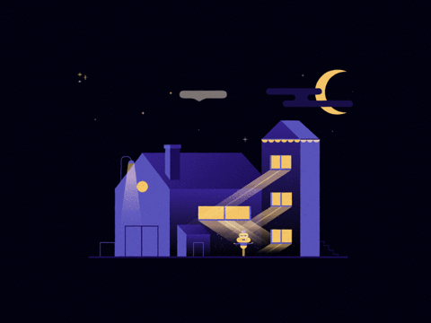 a sleek animation of a house at night with a small yellow character walking in front of it