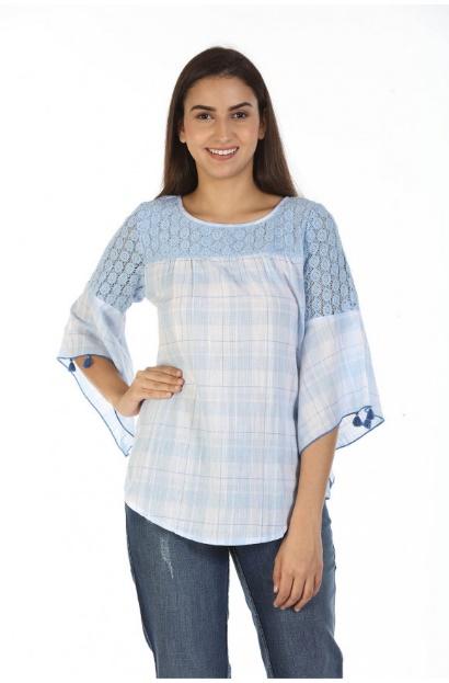 Cotton Checkered Top with Bell Sleeves (Ice Blue)
