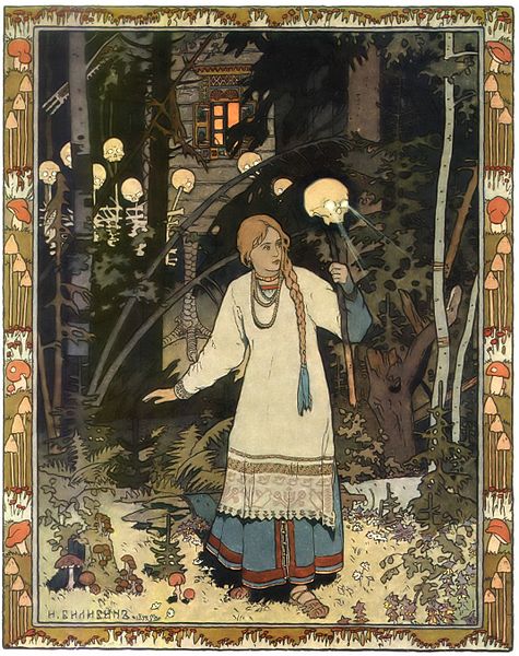 Painting of folk tale character Vasilisa holding a skull torch