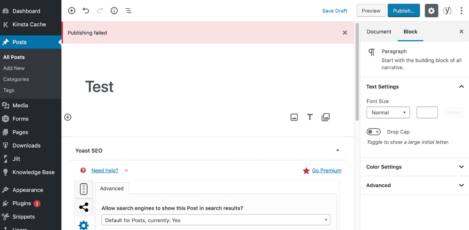 Erro de falha de publicação do WordPress