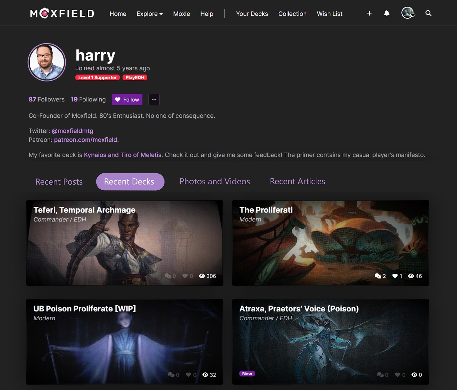 Image of a Moxfield profile, redesigned to add sections for recent posts, recent decks, photos and videos, and recent articles.