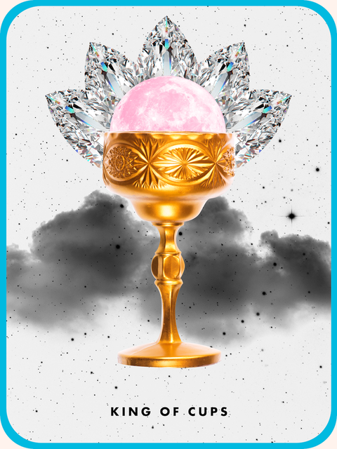 the king of cups tarot card, showing a golden goblet on a starry background with a full moon and crown shaped diamond behind it