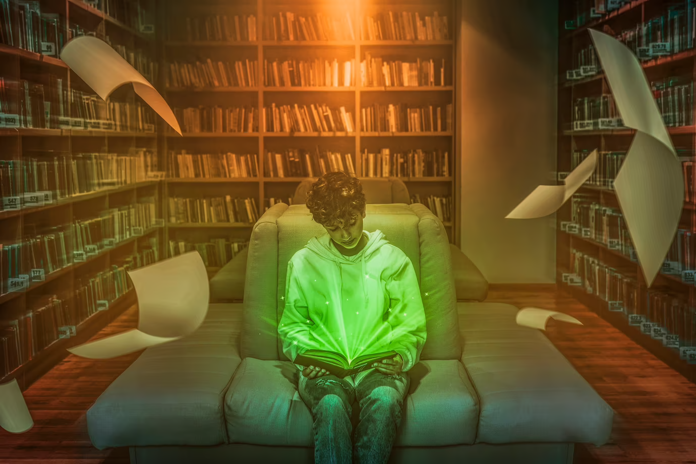 A front view of a student engrossed in reading a book from the Ultimate Oxford Reading Lists: Expert Recommendations for Every Genre. The student is sitting in a comfortable chair, holding the book in his hands and focusing intently on the pages.
