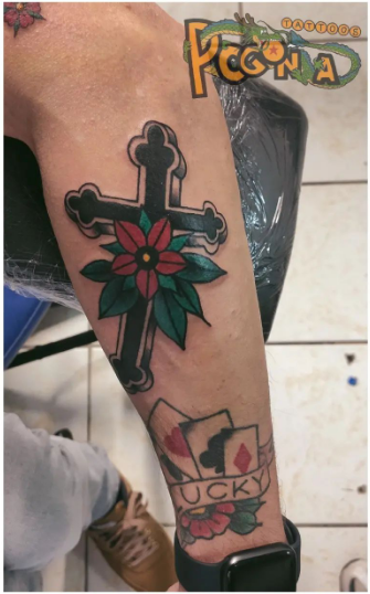 Cross Tattoo With Red Flower
