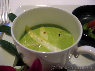 Chilled Asparagus Soup with Crab and Baby Spring Asparagus Salad at Fives at The Peninsula New York in New York, NY - Photo by Taste As You Go