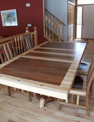 60 x 42 Turin Dining Table and Mission Chairs, Custom Border and Timber Edge, Hickory and Walnut