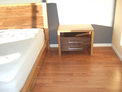 Sumatra Platform Bed with Drawers and Nightstand in Natural Walnut and Quarter Sawn Oak
