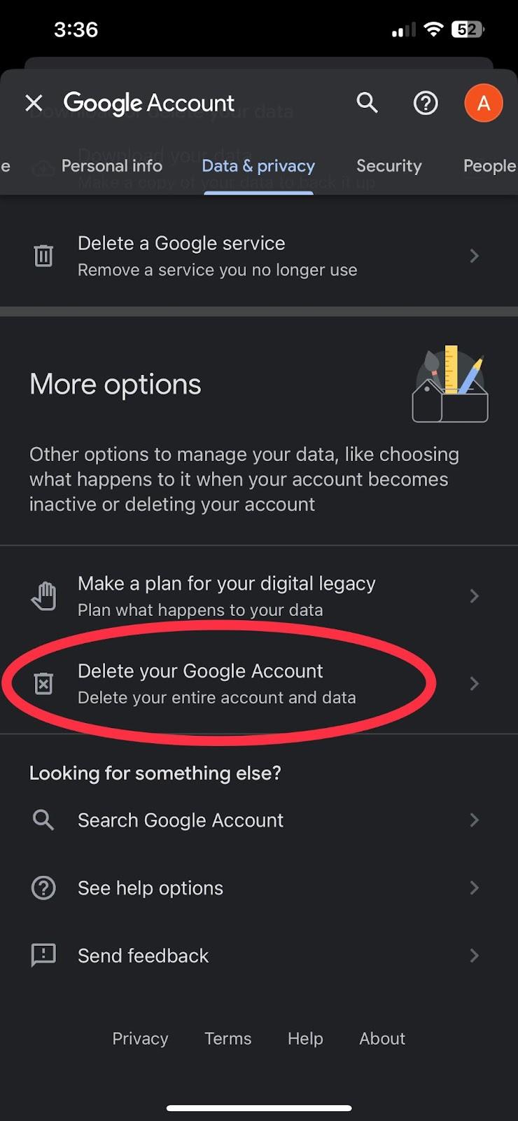 Delete your Google Account via Google app