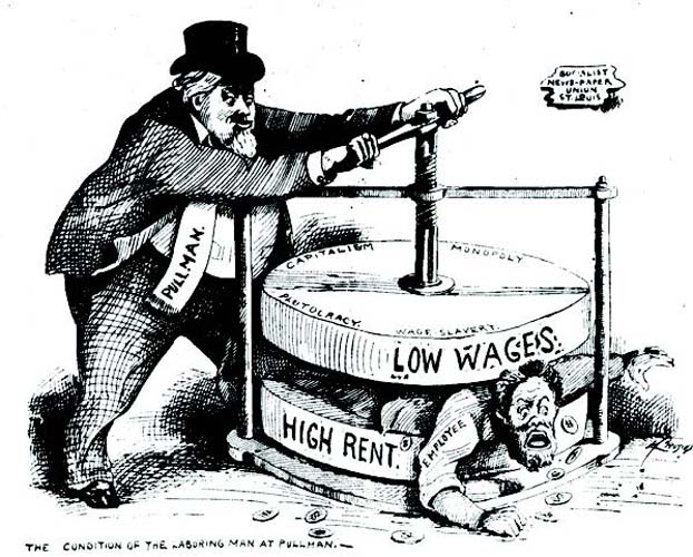 A 19th century style cartoon. A capitalist “pullman” squeezing a worker with a rotary device that pushes two discs together. The discs are labelled “low wages” and “high rent”. ”Capitalism”, “Autocracy”, “Monopoly”, and “Wage slavery” encircle the top wheel.