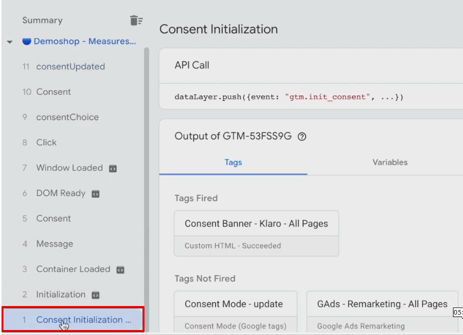Accessing the consent initialization tab from the preview window of the browser 