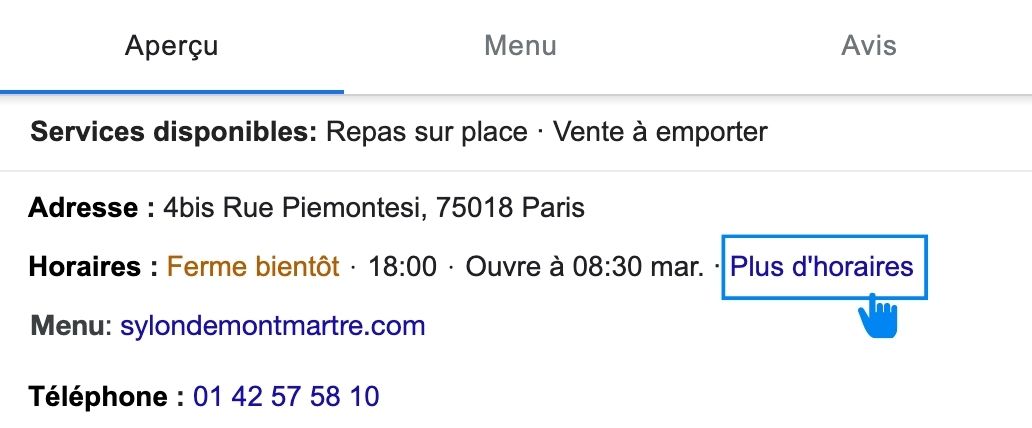 exemple de fiche Google avec horaires secondaires