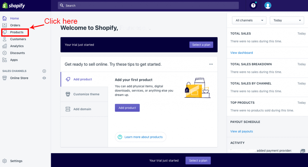 shopify backend panel