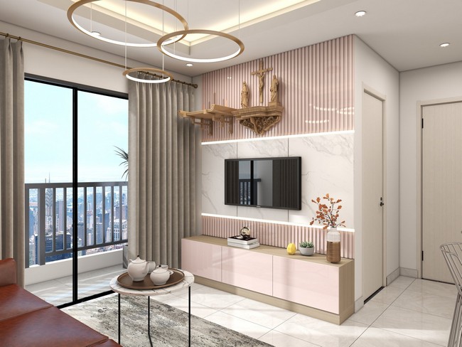 Không gian phòng khách hiện đại do Nội thất Quang Hải thiết kế theo tông màu hồng
