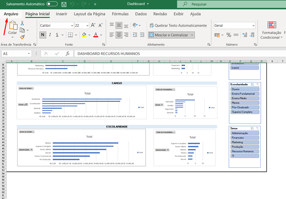 Clicando na opção arquivo no Dashboard no Excel