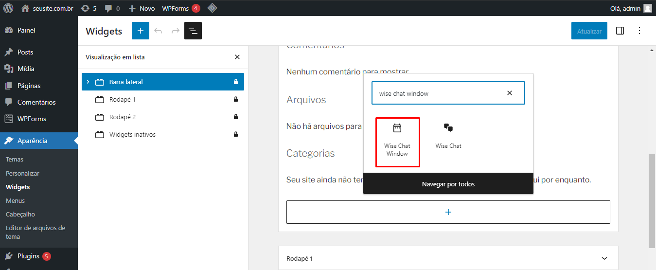 Adicionando bloco do Wise Chat Window através do menu de widgets