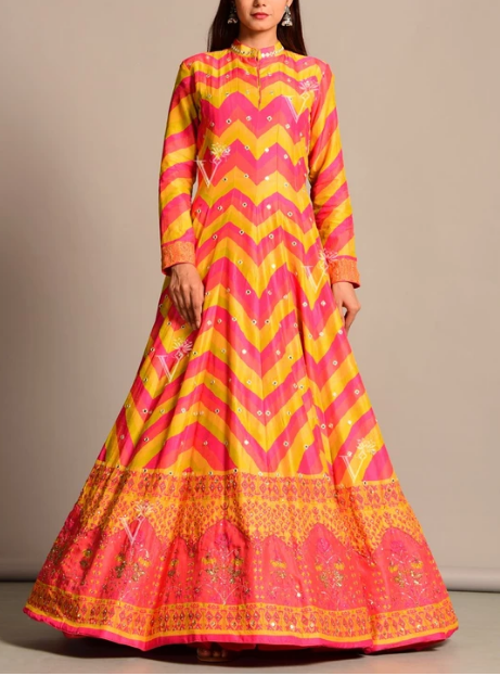 Orange And Pink Leheriya Vasansi Silk Anarkali Gown 