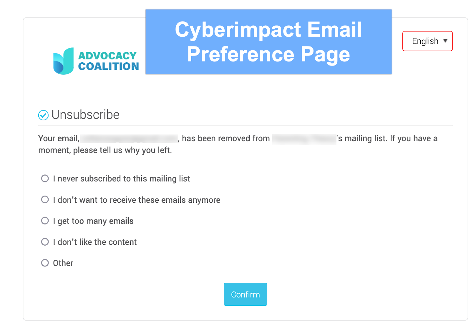 Cyberimpact's unsubscribe page