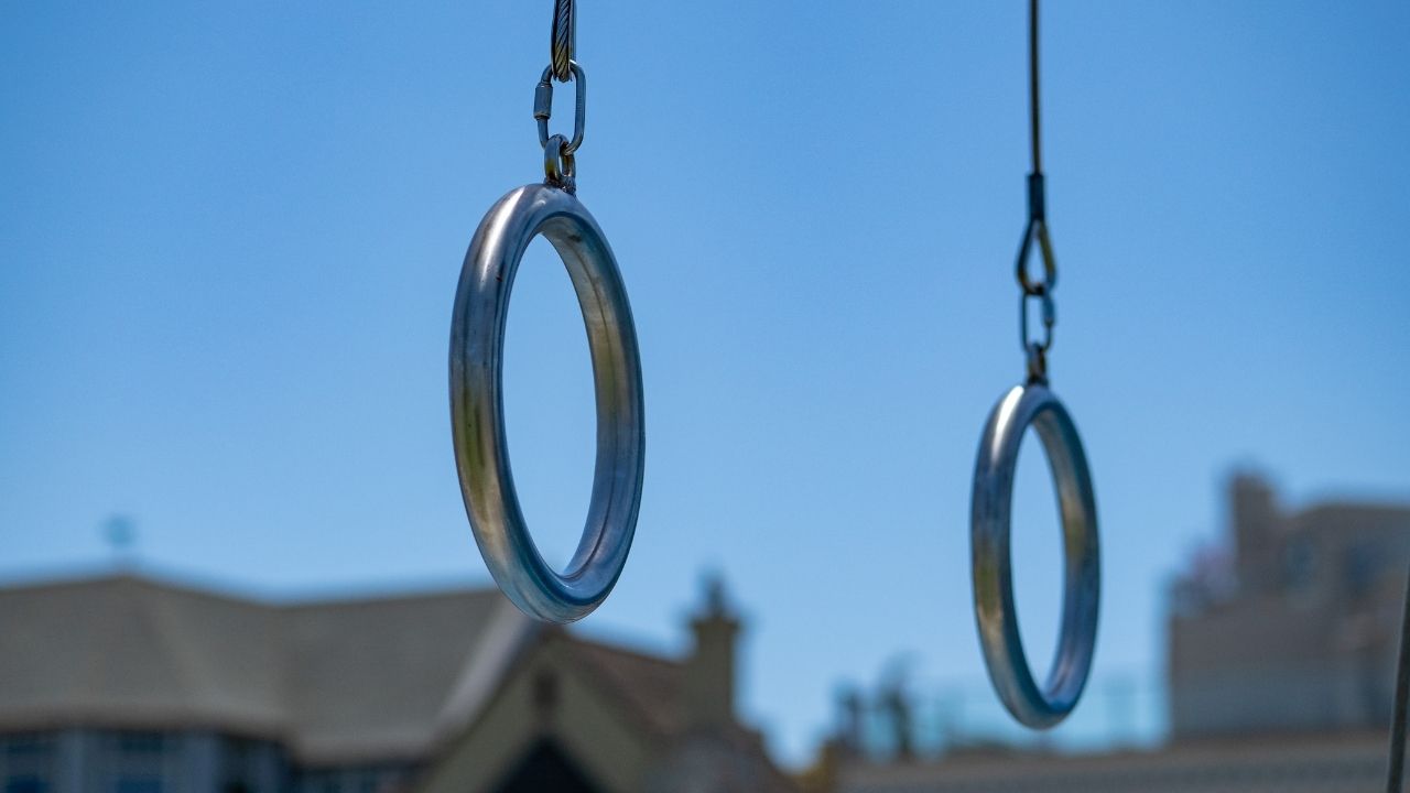 The image shows steel gymnastic rings.