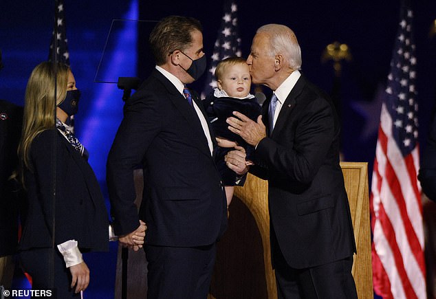 Hunter was similarly absent for much of the 2020 race before reappearing Saturday night to celebrate his 77-year-old father’s narrow win. As he took to the stage, he was accompanied by Cohen and their seven month old child – Hunter’s fifth – a little boy reportedly named Beau in honor of his brother who died from brain cancer in 2015