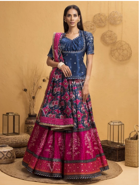 Blue And Pink Patola Lehenga With Rajputi Tunic