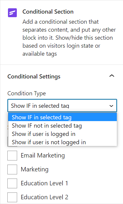 conditional section, fluentcrm conditional section, fluentcrm conditiional section tagging