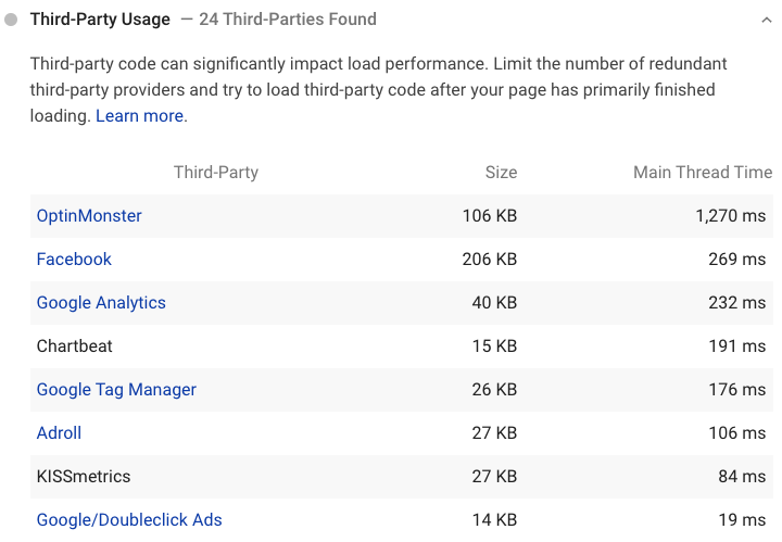 list of third-party tools in pagespeed insights