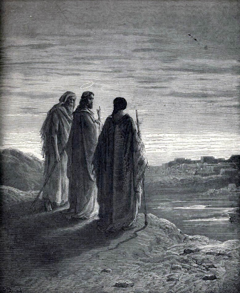 Jesus walks with His disciples on the Road to Emmaus, as they return from Jerusalem