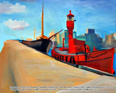 plein air oil painting of the tall ship 'James Craig' and lightship 'Carpentaria' at Wharf 7 Pyrmont by maritime artist Jane Bennett