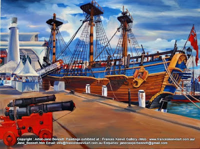 Marine art -Cannons of  'HMB Endeavour' at Darling Harbour oil painting on canvas painted 'en plein air' by artist Jane Bennett
