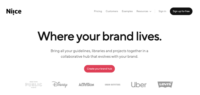 Niice brand asset manager for creative teams with 'Where your brand lives' CTA section homepage