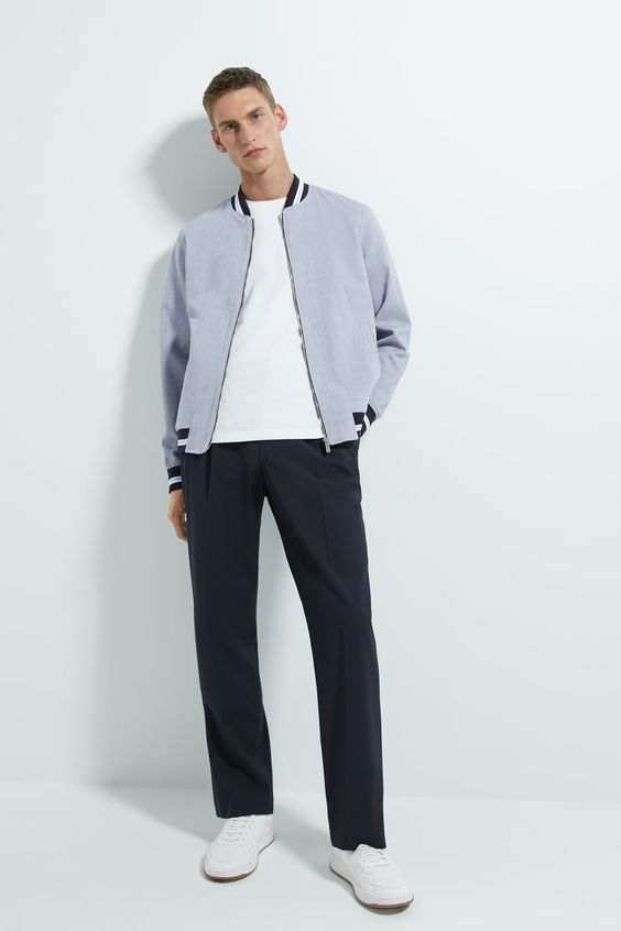 Phối áo khoác Bomber jacket nam với quần quần âu- trẻ trung, lịch lãm