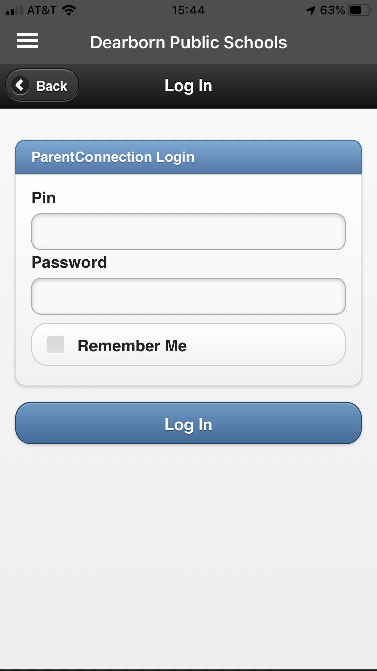 Pin and Password Screen on ParentConnect