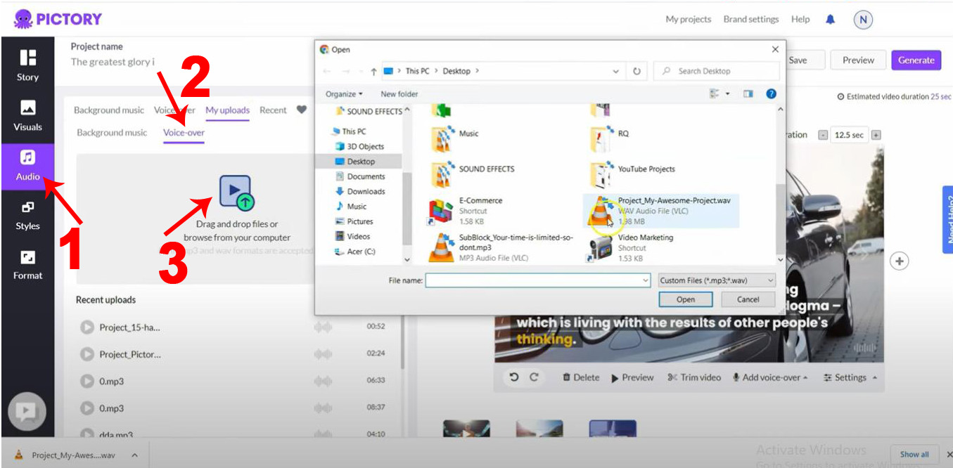 Uploads Your Own Voice Over to pictory.ai