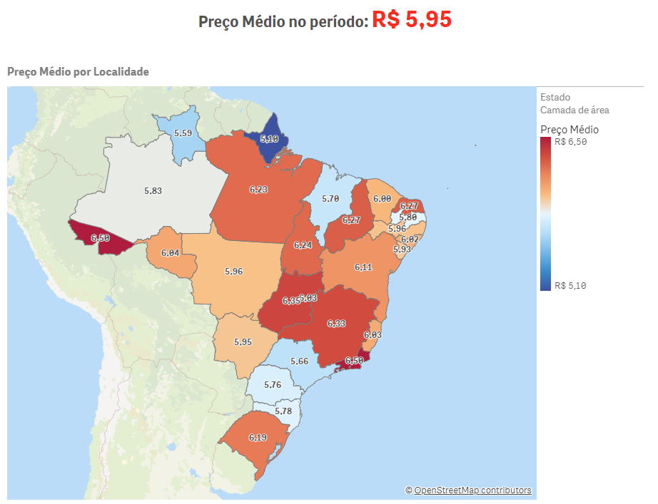 Imagem aproximada do gráfico de mapa do relatório, "Preço Médio por Localidade". O menor preço médio (R$5,10) está no Amapá e o maior (R$6,50) no Acre e no Rio de Janeiro. Os demais preços médio variam, em sua maioria, de R$5,93 a R$6,35.