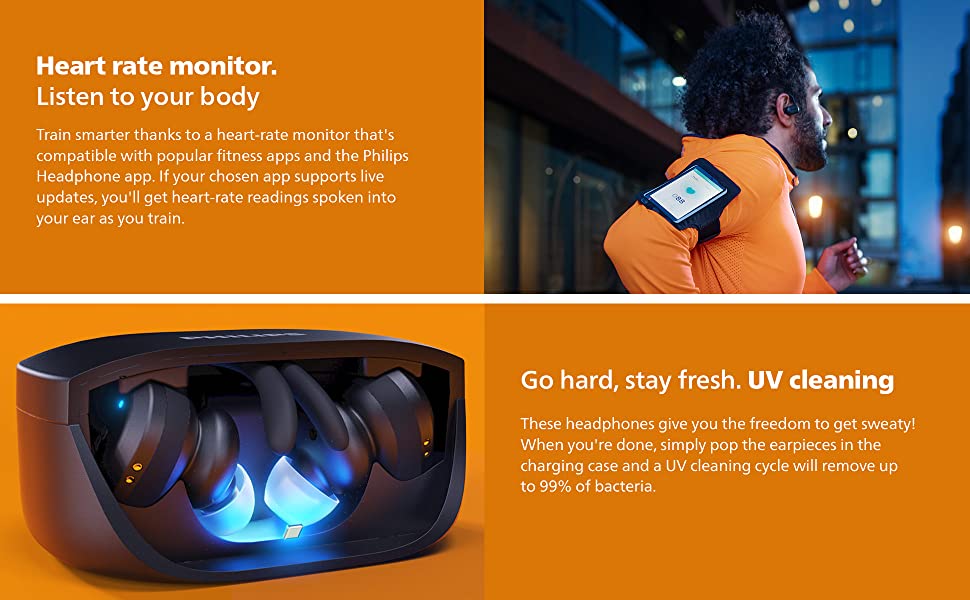 Heart rate monitor. Listen to your body. Go hard, stay fresh. UV cleaning