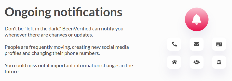 Screenshot from BeenVerified's site - an ad for its "ongoing notifications" feature
