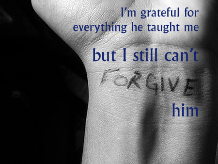 Secret 42 - Image: a black-and-white picture of a person's wrist with 'forgive' written on it. Text: I'm grateful for everything he taught me, but I still can't forgive him. Font: serif.