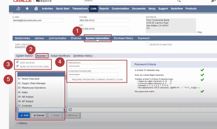 The five-step process for granting vendor access in NetSuite using the systems information subtab. 