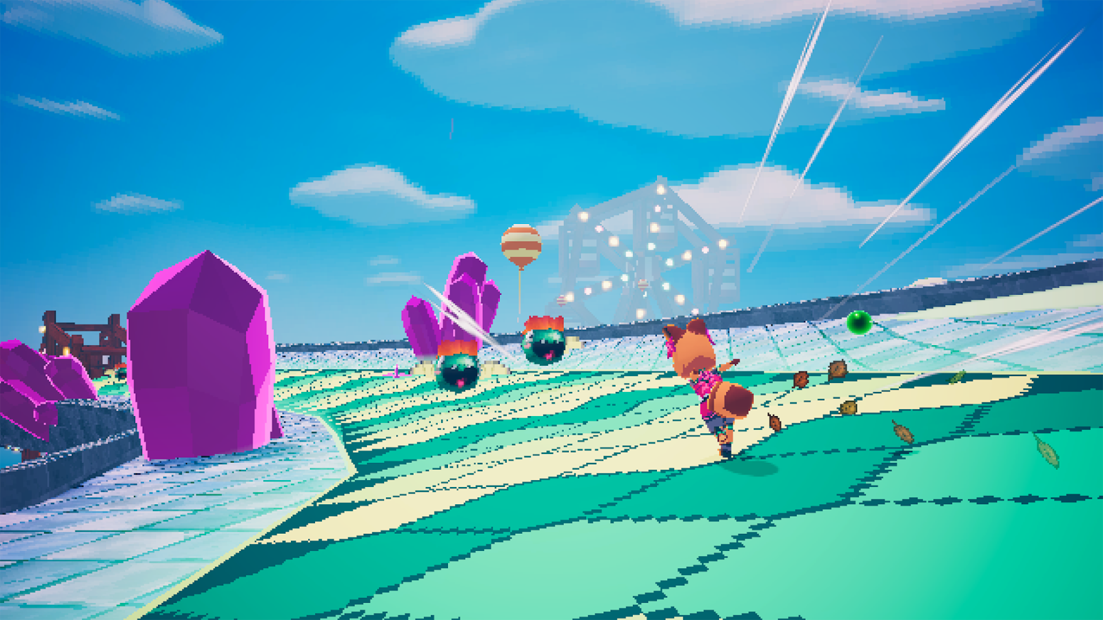 A screenshot showing Hana, the tanuki, running at high speed through a colourful level.