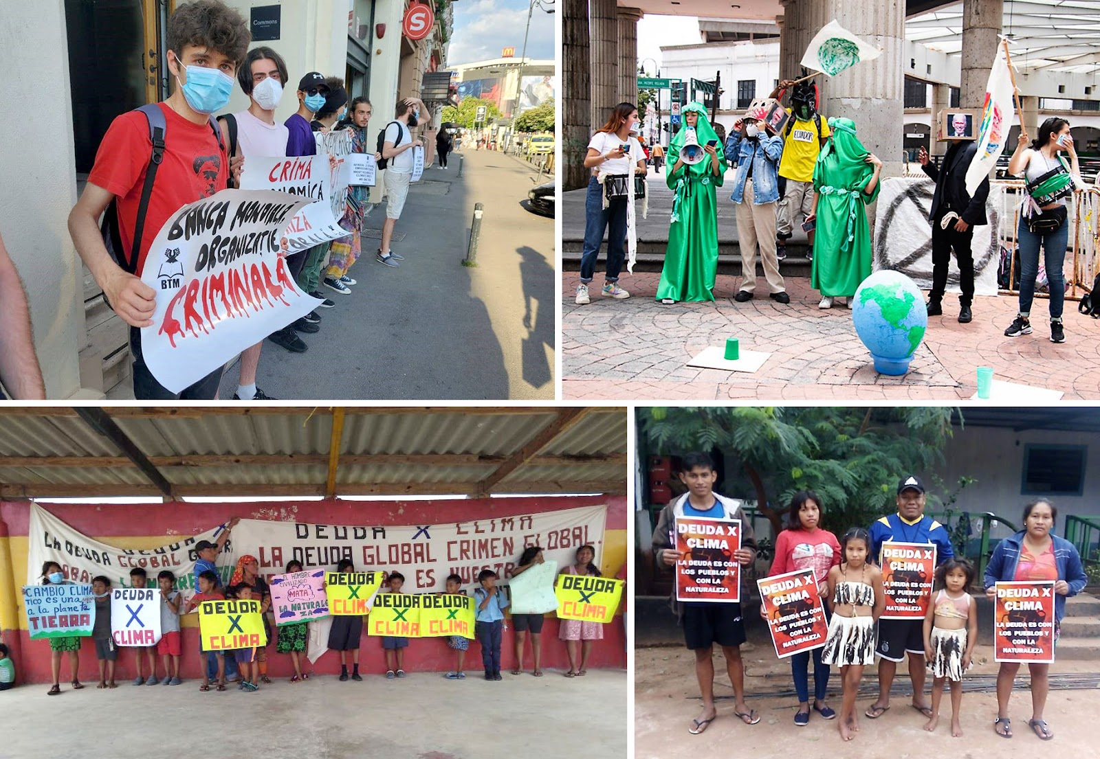 Debt For Climate Action Montage: Romanians hold signs outside IMF, green brigade perform in Mexico, indigenous activists hold D4C signs in Panama and Paraguay