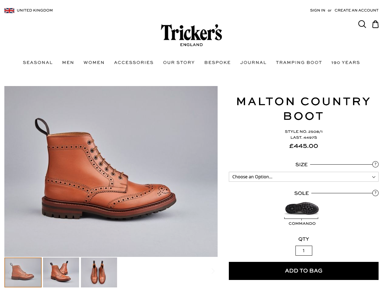 Optimizing a product page - Tricker's - One action per screen