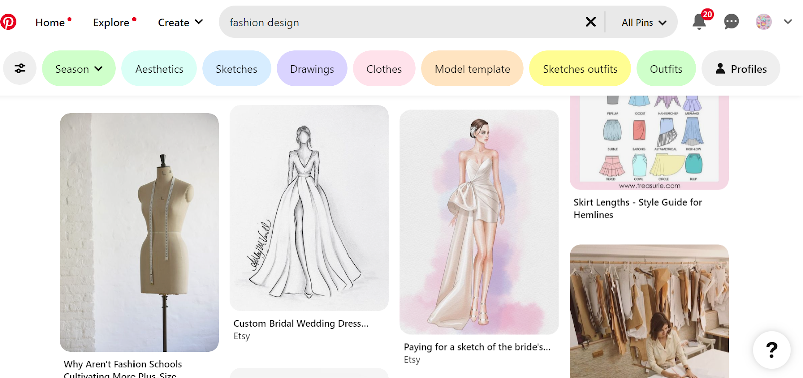 Screenshot of Pinterest displaying fashion design inspirations
